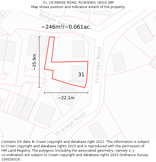 31, VICARAGE ROAD, RUSHDEN, NN10 0BF: Plot and title map
