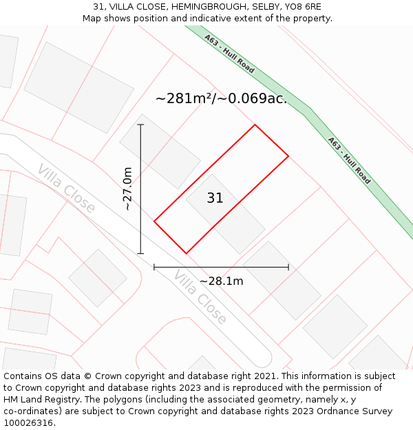 31, VILLA CLOSE, HEMINGBROUGH, SELBY, YO8 6RE: Plot and title map