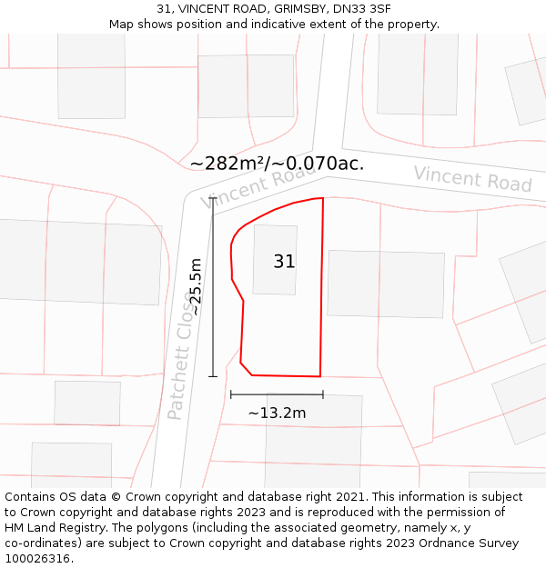 31, VINCENT ROAD, GRIMSBY, DN33 3SF: Plot and title map