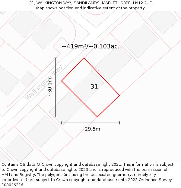 31, WALKINGTON WAY, SANDILANDS, MABLETHORPE, LN12 2UD: Plot and title map
