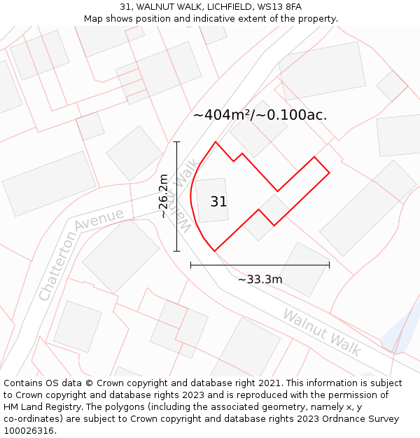 31, WALNUT WALK, LICHFIELD, WS13 8FA: Plot and title map