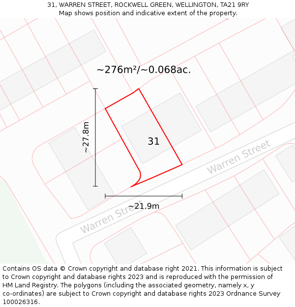 31, WARREN STREET, ROCKWELL GREEN, WELLINGTON, TA21 9RY: Plot and title map