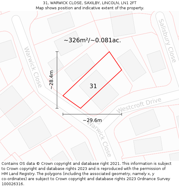 31, WARWICK CLOSE, SAXILBY, LINCOLN, LN1 2FT: Plot and title map