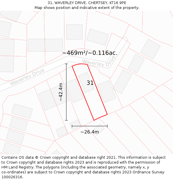 31, WAVERLEY DRIVE, CHERTSEY, KT16 9PE: Plot and title map
