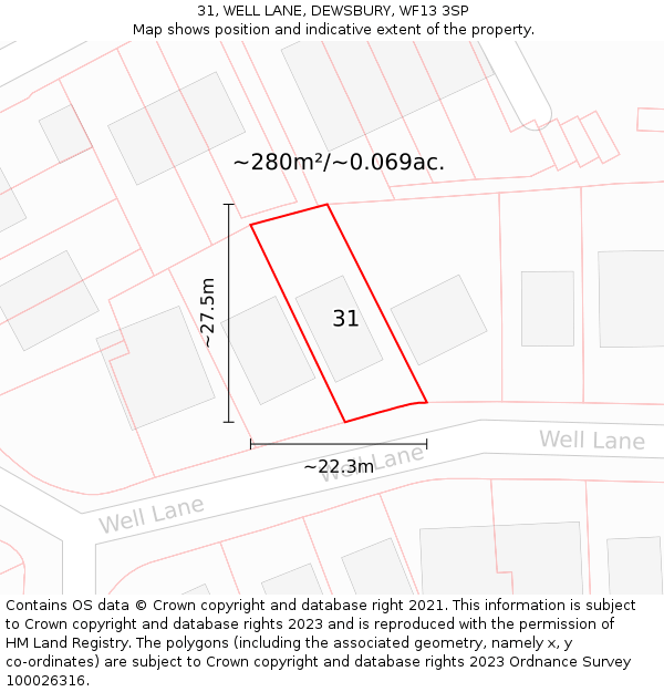 31, WELL LANE, DEWSBURY, WF13 3SP: Plot and title map