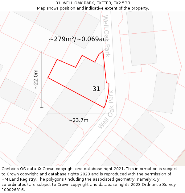 31, WELL OAK PARK, EXETER, EX2 5BB: Plot and title map