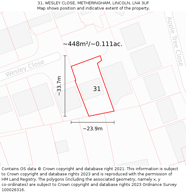 31, WESLEY CLOSE, METHERINGHAM, LINCOLN, LN4 3UF: Plot and title map