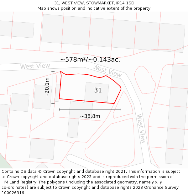 31, WEST VIEW, STOWMARKET, IP14 1SD: Plot and title map