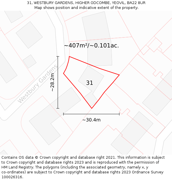 31, WESTBURY GARDENS, HIGHER ODCOMBE, YEOVIL, BA22 8UR: Plot and title map
