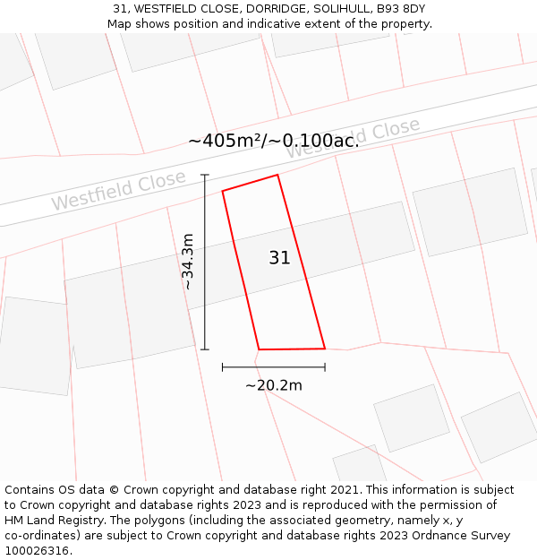 31, WESTFIELD CLOSE, DORRIDGE, SOLIHULL, B93 8DY: Plot and title map