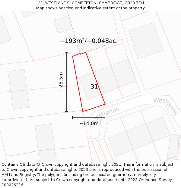 31, WESTLANDS, COMBERTON, CAMBRIDGE, CB23 7EH: Plot and title map