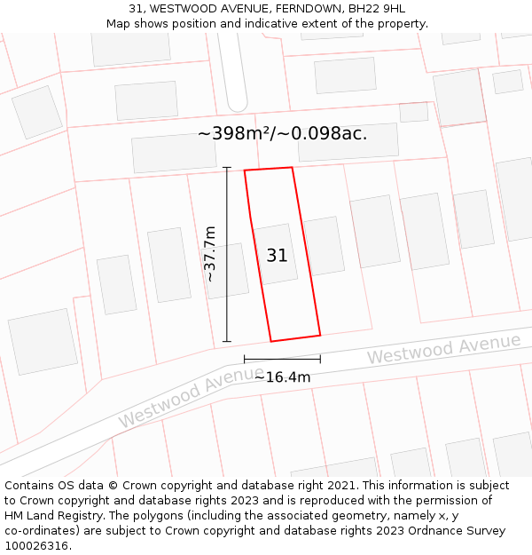 31, WESTWOOD AVENUE, FERNDOWN, BH22 9HL: Plot and title map