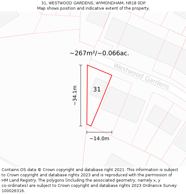 31, WESTWOOD GARDENS, WYMONDHAM, NR18 0DP: Plot and title map
