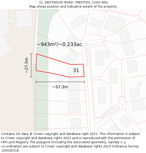 31, WESTWOOD ROAD, PRENTON, CH43 9RG: Plot and title map