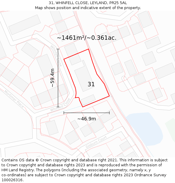 31, WHINFELL CLOSE, LEYLAND, PR25 5AL: Plot and title map