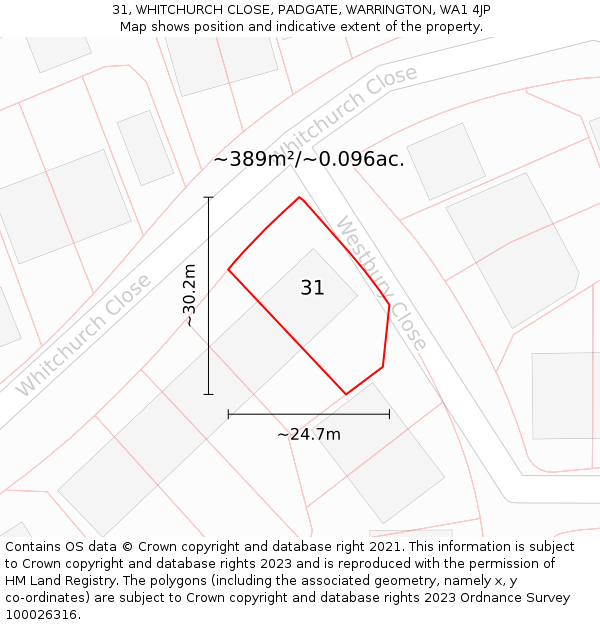 31, WHITCHURCH CLOSE, PADGATE, WARRINGTON, WA1 4JP: Plot and title map