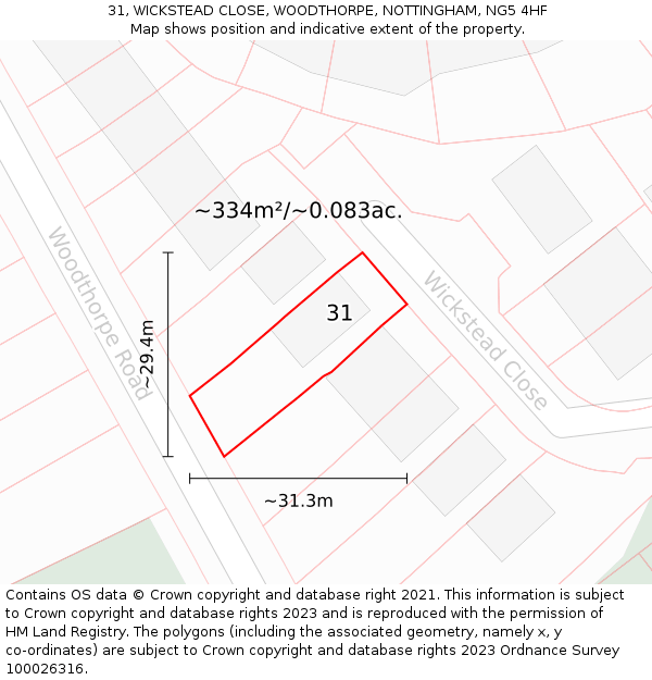 31, WICKSTEAD CLOSE, WOODTHORPE, NOTTINGHAM, NG5 4HF: Plot and title map
