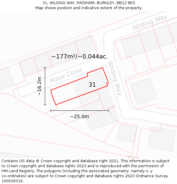 31, WILDING WAY, PADIHAM, BURNLEY, BB12 8ES: Plot and title map