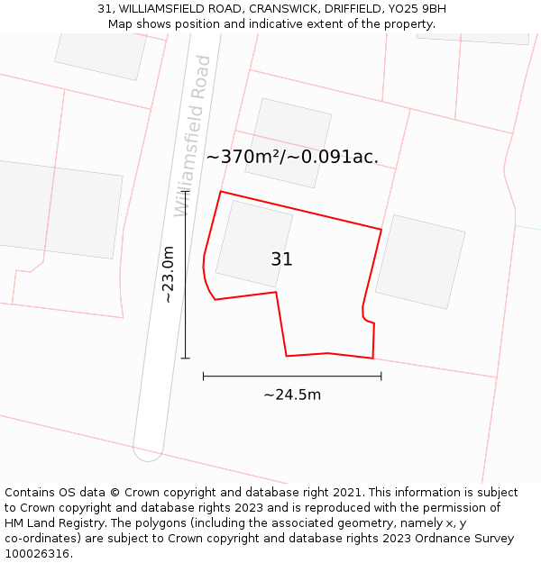 31, WILLIAMSFIELD ROAD, CRANSWICK, DRIFFIELD, YO25 9BH: Plot and title map