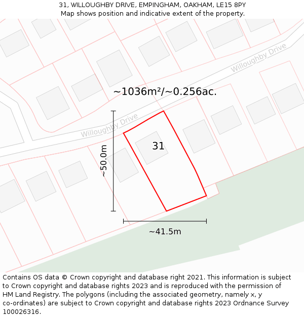 31, WILLOUGHBY DRIVE, EMPINGHAM, OAKHAM, LE15 8PY: Plot and title map