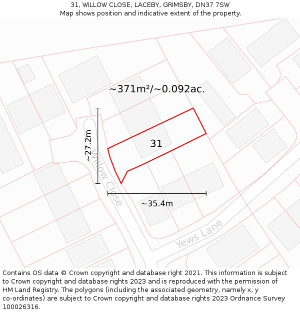 31, WILLOW CLOSE, LACEBY, GRIMSBY, DN37 7SW: Plot and title map