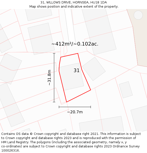 31, WILLOWS DRIVE, HORNSEA, HU18 1DA: Plot and title map
