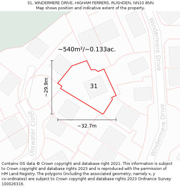 31, WINDERMERE DRIVE, HIGHAM FERRERS, RUSHDEN, NN10 8NN: Plot and title map
