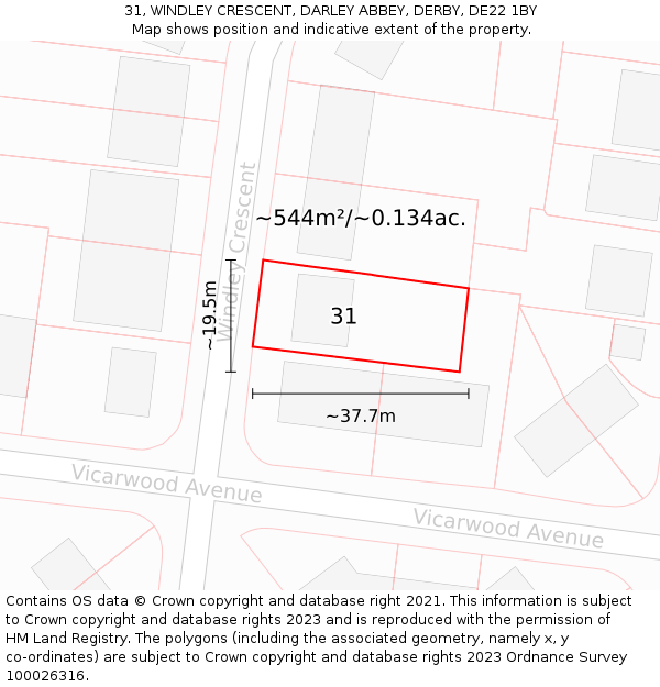 31, WINDLEY CRESCENT, DARLEY ABBEY, DERBY, DE22 1BY: Plot and title map