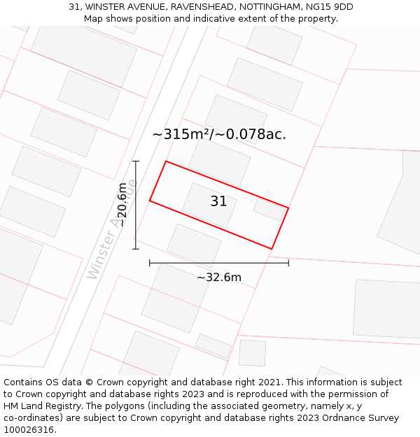 31, WINSTER AVENUE, RAVENSHEAD, NOTTINGHAM, NG15 9DD: Plot and title map