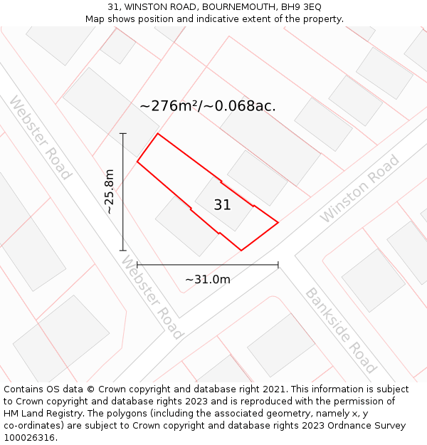 31, WINSTON ROAD, BOURNEMOUTH, BH9 3EQ: Plot and title map