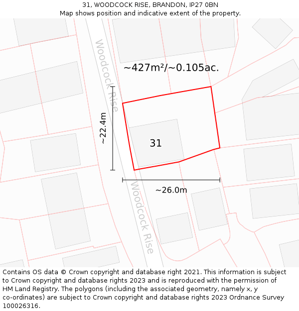 31, WOODCOCK RISE, BRANDON, IP27 0BN: Plot and title map