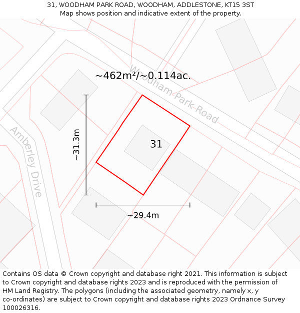 31, WOODHAM PARK ROAD, WOODHAM, ADDLESTONE, KT15 3ST: Plot and title map