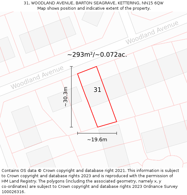 31, WOODLAND AVENUE, BARTON SEAGRAVE, KETTERING, NN15 6QW: Plot and title map
