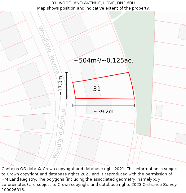 31, WOODLAND AVENUE, HOVE, BN3 6BH: Plot and title map