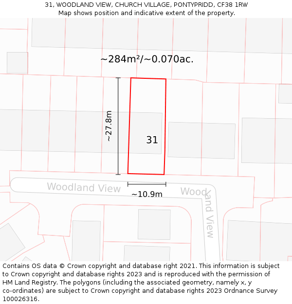 31, WOODLAND VIEW, CHURCH VILLAGE, PONTYPRIDD, CF38 1RW: Plot and title map