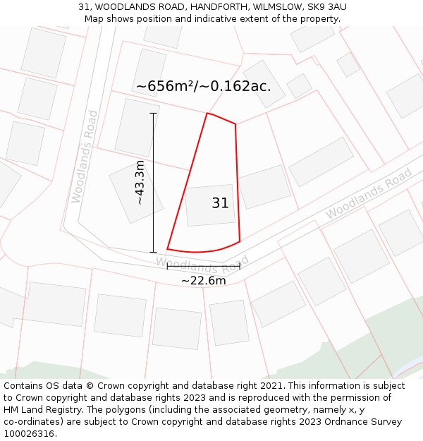 31, WOODLANDS ROAD, HANDFORTH, WILMSLOW, SK9 3AU: Plot and title map