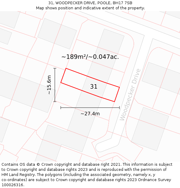 31, WOODPECKER DRIVE, POOLE, BH17 7SB: Plot and title map