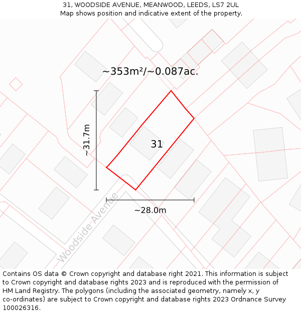31, WOODSIDE AVENUE, MEANWOOD, LEEDS, LS7 2UL: Plot and title map