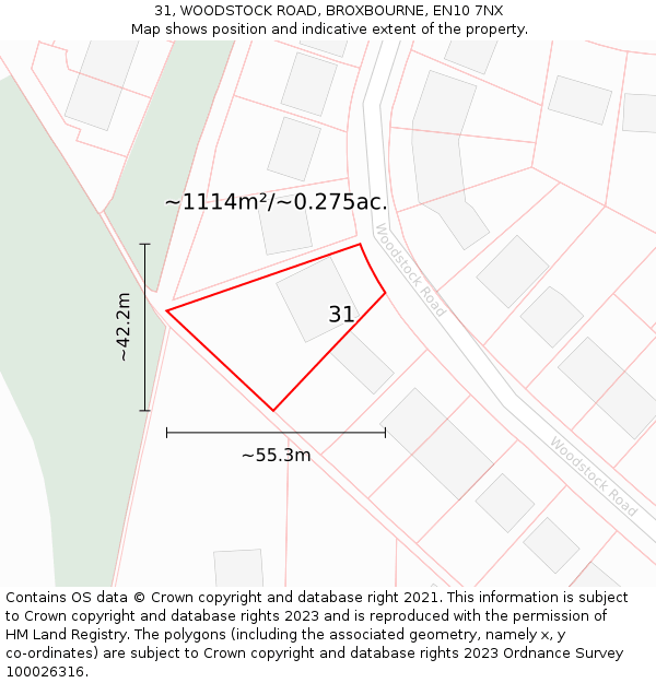 31, WOODSTOCK ROAD, BROXBOURNE, EN10 7NX: Plot and title map