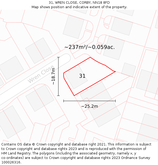 31, WREN CLOSE, CORBY, NN18 8FD: Plot and title map