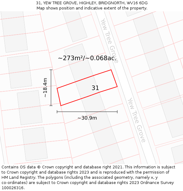 31, YEW TREE GROVE, HIGHLEY, BRIDGNORTH, WV16 6DG: Plot and title map