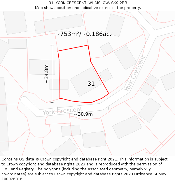 31, YORK CRESCENT, WILMSLOW, SK9 2BB: Plot and title map