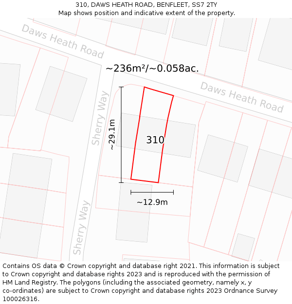 310, DAWS HEATH ROAD, BENFLEET, SS7 2TY: Plot and title map