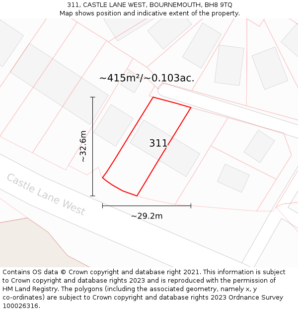 311, CASTLE LANE WEST, BOURNEMOUTH, BH8 9TQ: Plot and title map