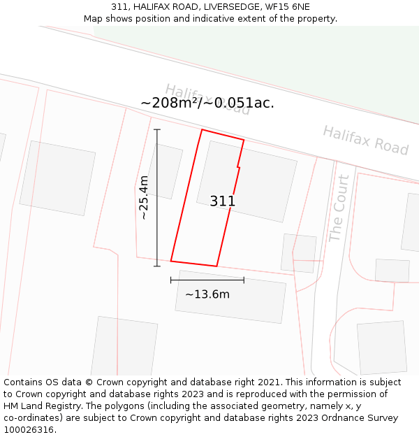 311, HALIFAX ROAD, LIVERSEDGE, WF15 6NE: Plot and title map