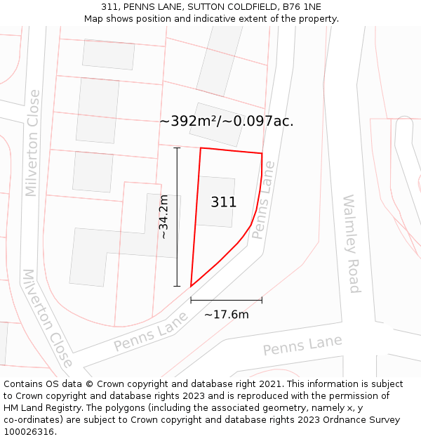311, PENNS LANE, SUTTON COLDFIELD, B76 1NE: Plot and title map