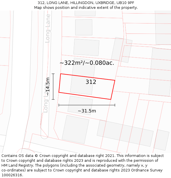 312, LONG LANE, HILLINGDON, UXBRIDGE, UB10 9PF: Plot and title map
