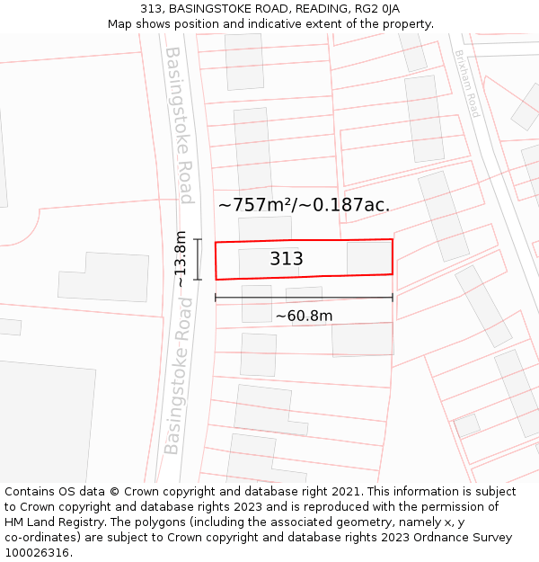 313, BASINGSTOKE ROAD, READING, RG2 0JA: Plot and title map