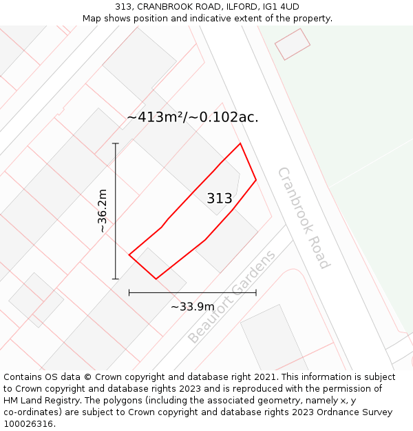 313, CRANBROOK ROAD, ILFORD, IG1 4UD: Plot and title map
