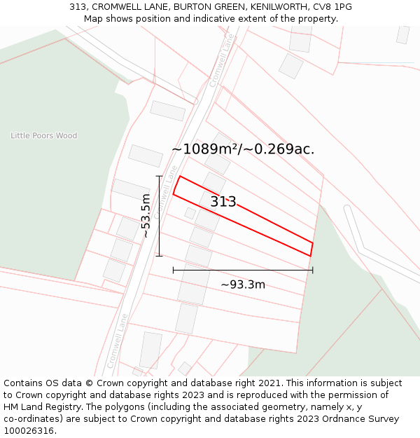 313, CROMWELL LANE, BURTON GREEN, KENILWORTH, CV8 1PG: Plot and title map